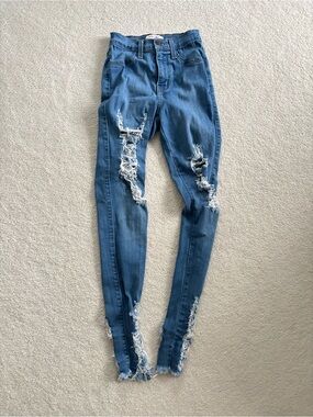 Vibrant MIU Dark Wash Distressed High Rise Skinny Jeans